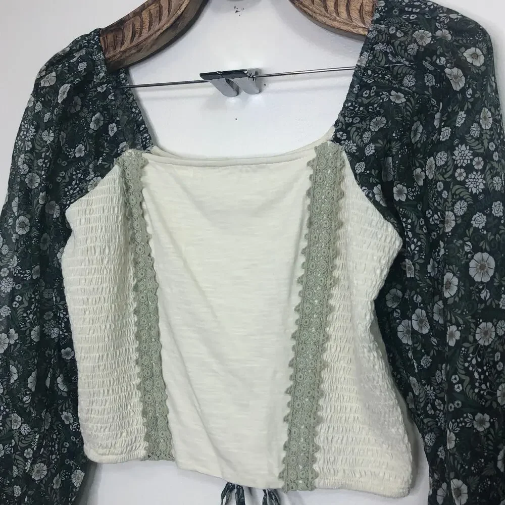Anthropologie Top Cottagecore Smocked Coreset Lace Up Puff Sheer Floral Sleeves
